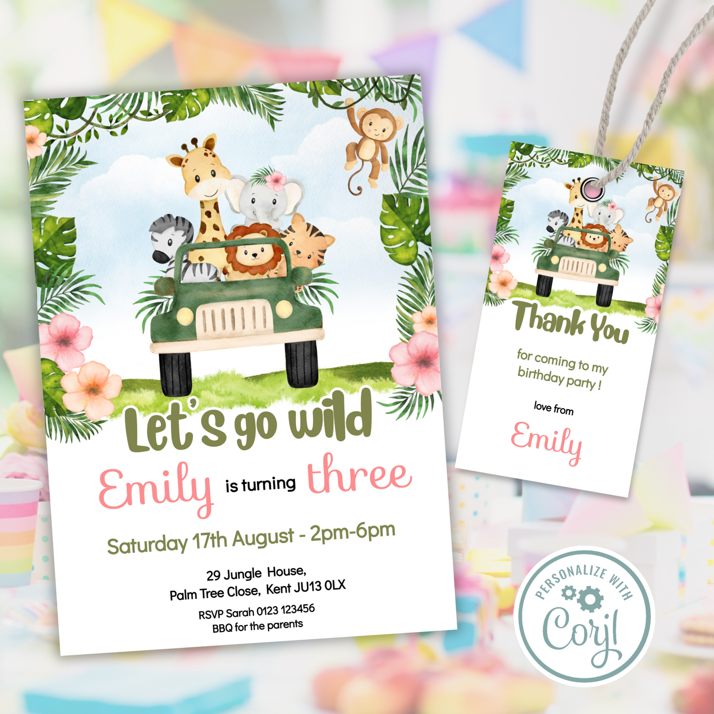 Editable Birthday Invitation and FREE Thank You Tag - Safari