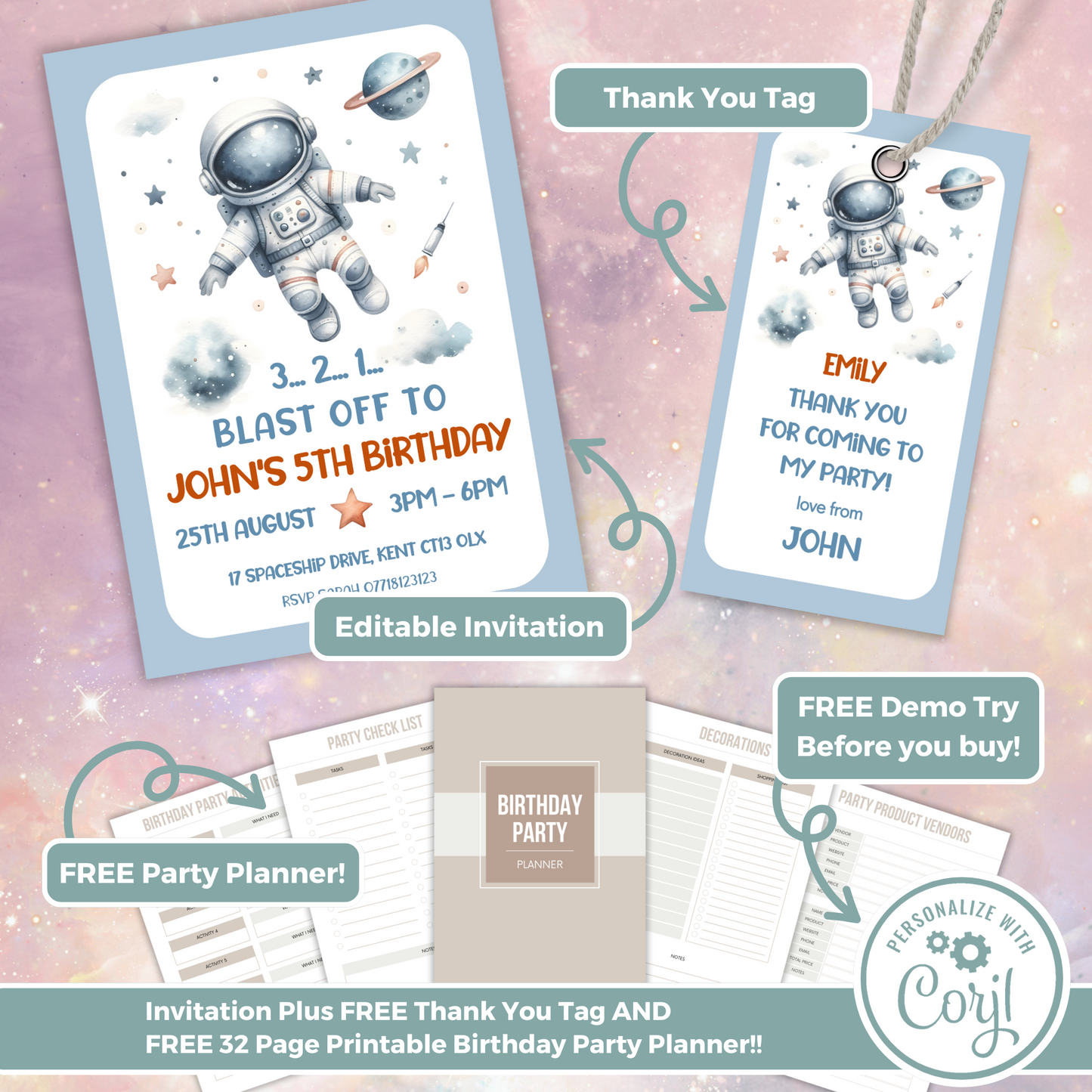 Editable Birthday Invitation and FREE Thank You Tag - Spaceman