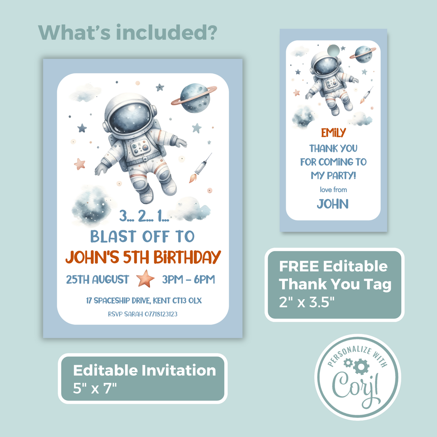 Editable Birthday Invitation and FREE Thank You Tag - Spaceman