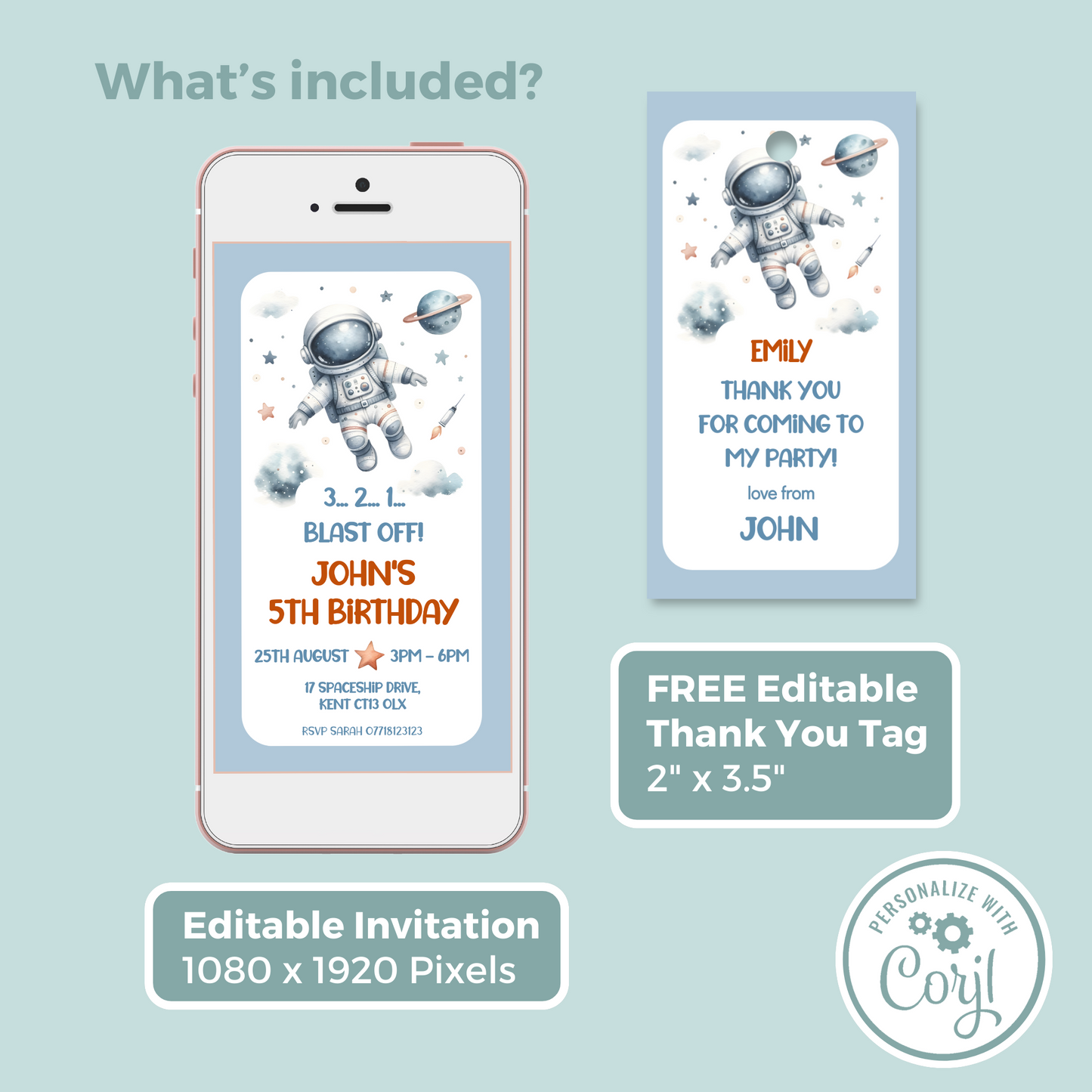 Editable Evite Birthday Invitation and FREE Thank You Tag - Spaceman