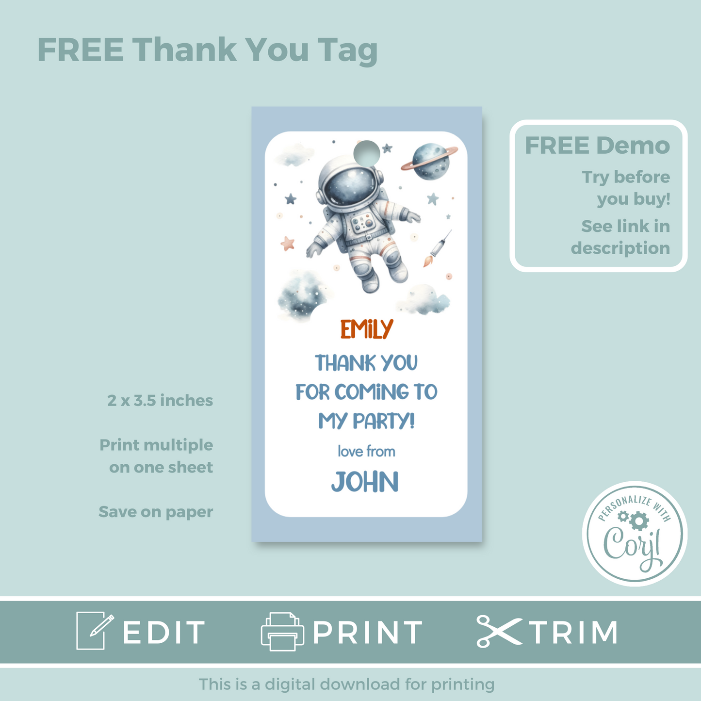 Editable Evite Birthday Invitation and FREE Thank You Tag - Spaceman