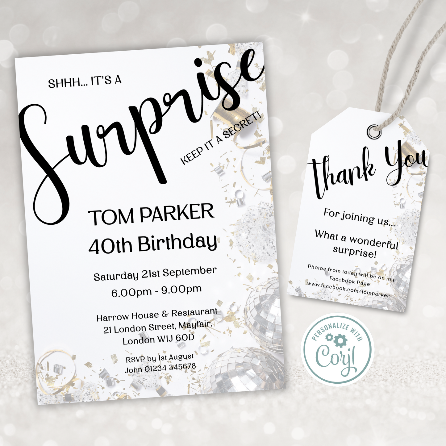 Editable Birthday Invitation and FREE Thank You Tag - Surprise Black