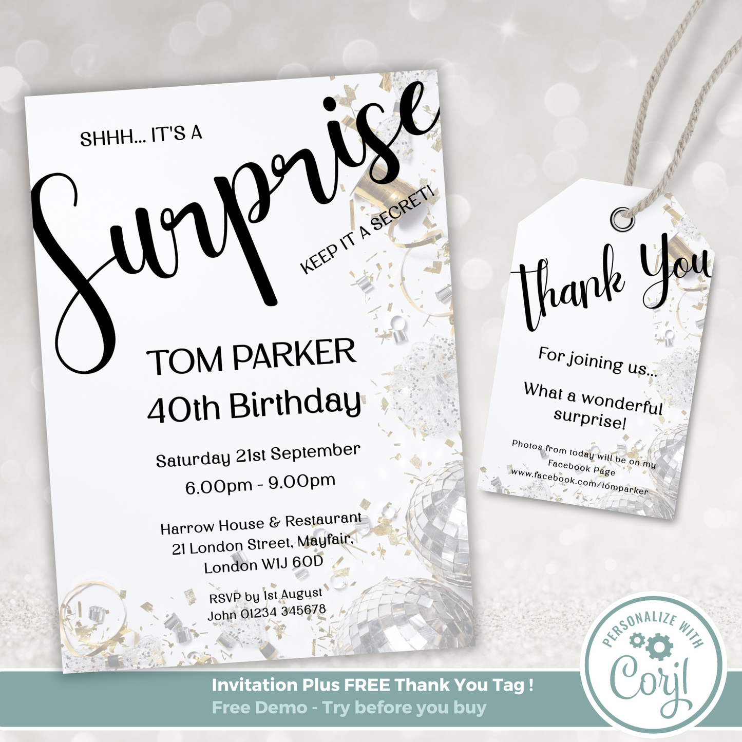 Editable Birthday Invitation and FREE Thank You Tag - Surprise Black