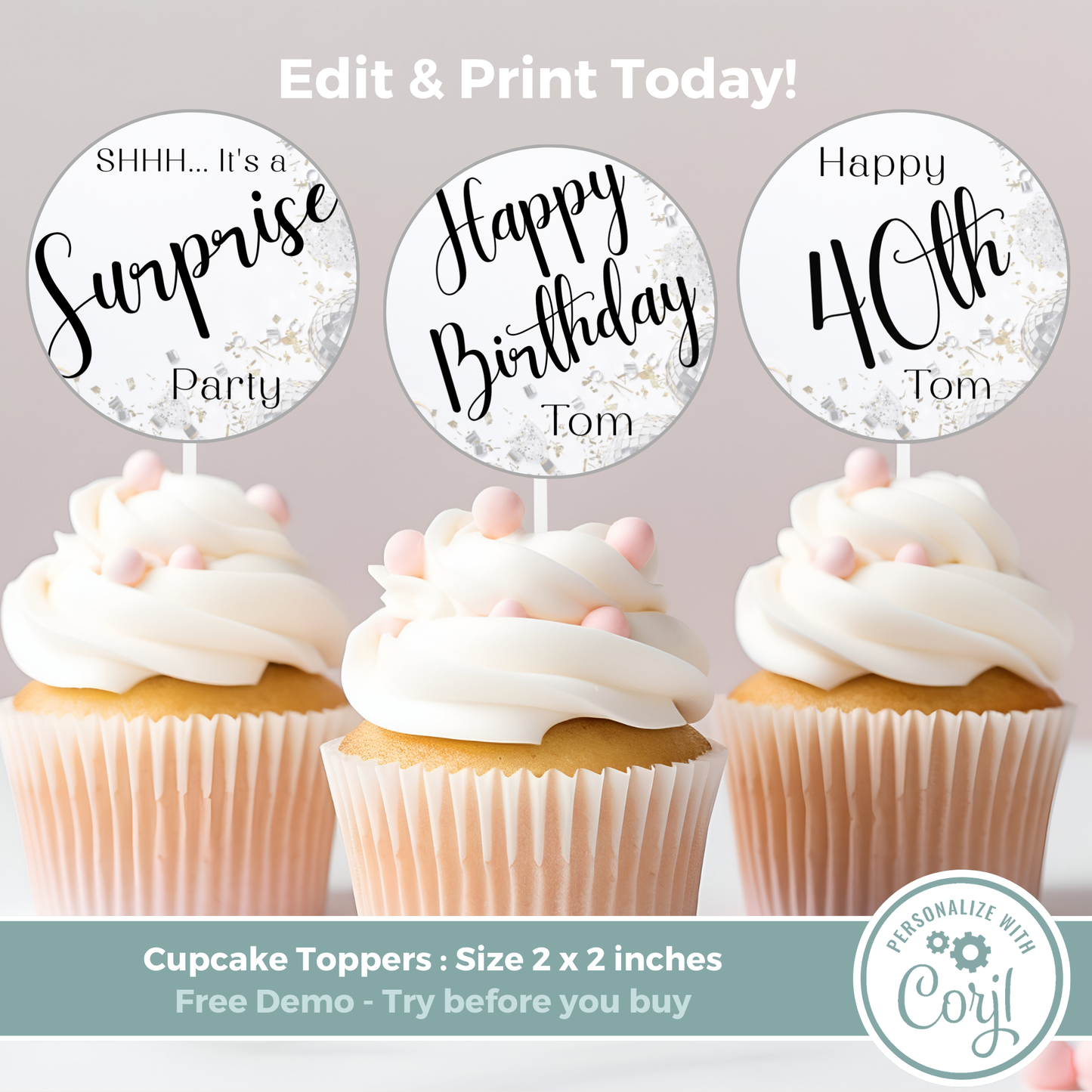 Editable Birthday Cupcake Toppers - Surprise Party