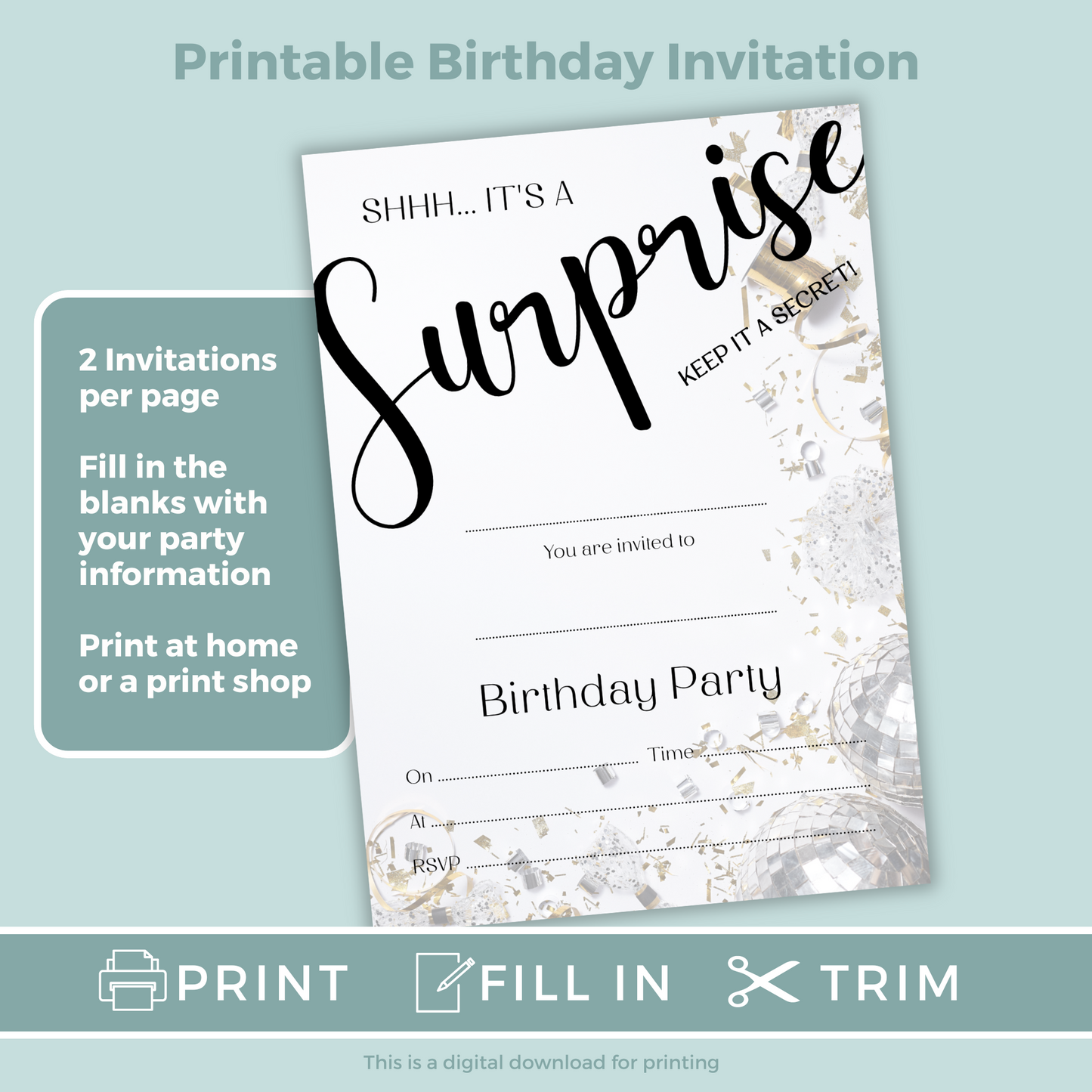 Printable Fill In Birthday Invitation - Surprise Black