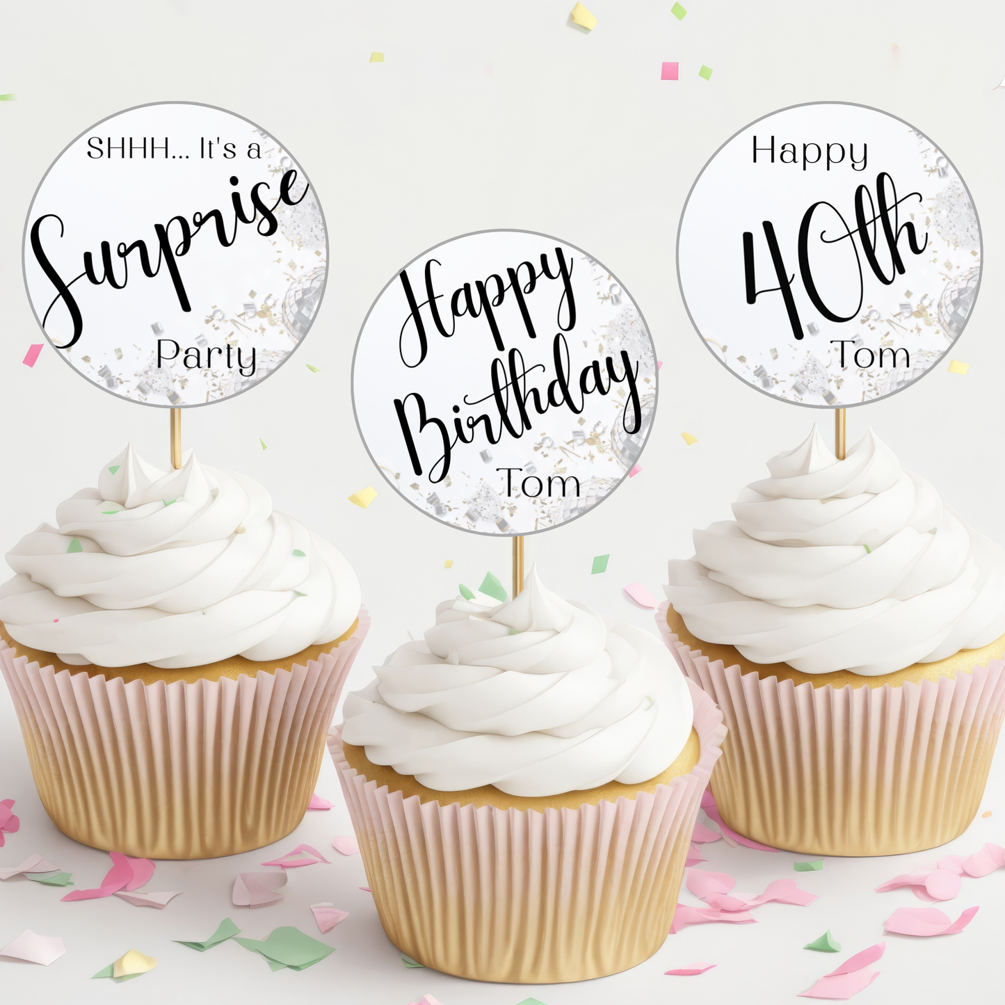 Editable Birthday Cupcake Toppers - Surprise Party