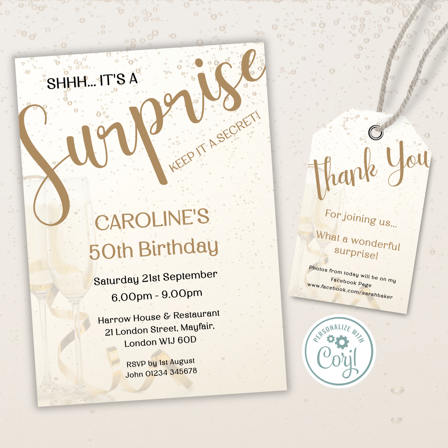 Editable Birthday Invitation and FREE Thank You Tag - Surprise Gold