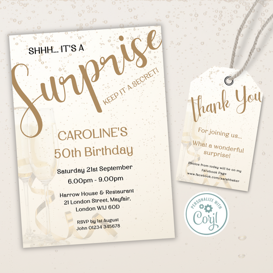 Editable Birthday Invitation and FREE Thank You Tag - Surprise Gold