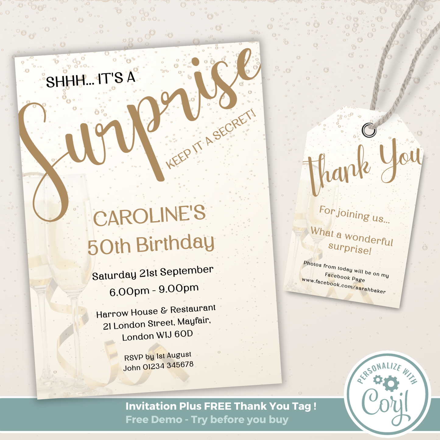 Editable Birthday Invitation and FREE Thank You Tag - Surprise Gold
