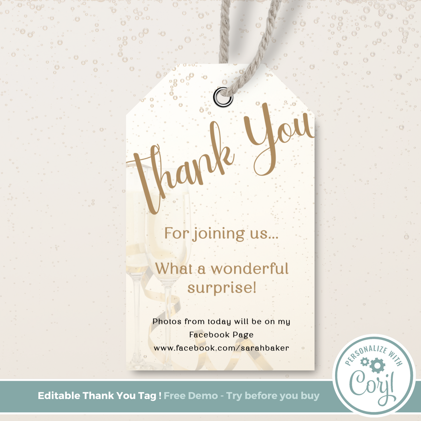 Editable Birthday Thank You Tag - Surprise Gold
