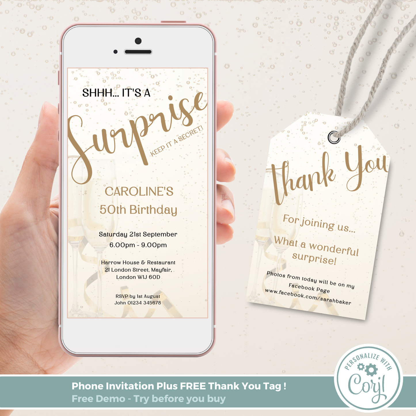 Editable Phone Birthday Invitation and FREE Thank You Tag - Surprise Gold