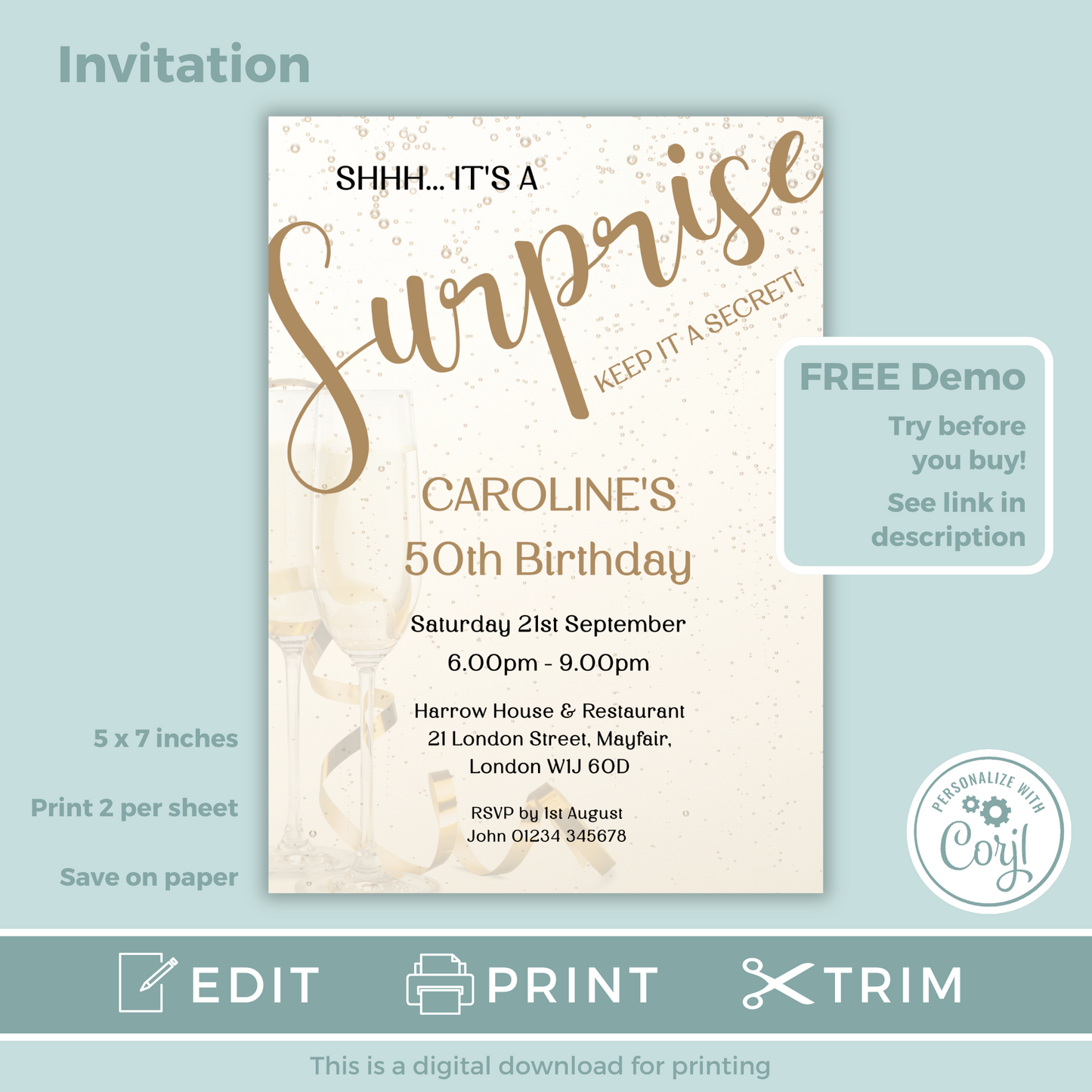 Editable Birthday Invitation and FREE Thank You Tag - Surprise Gold