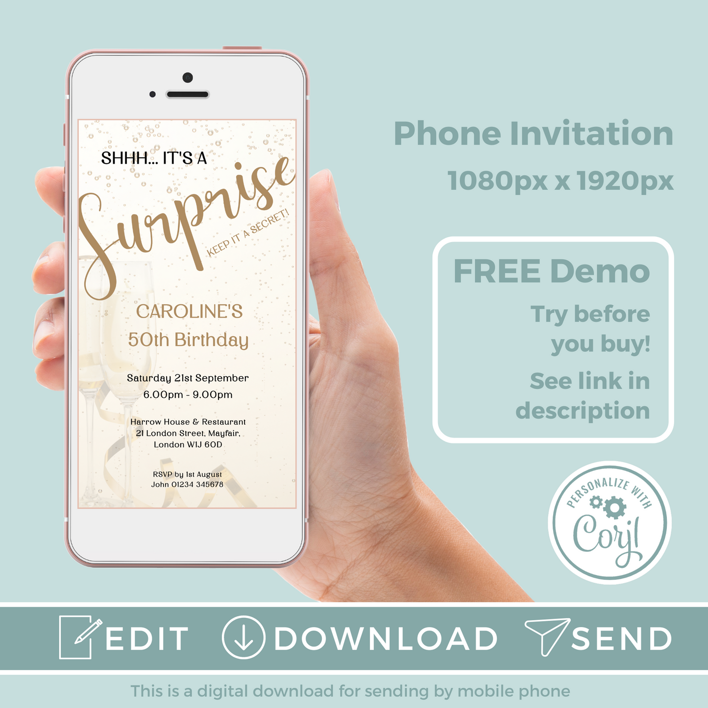 Editable Phone Birthday Invitation and FREE Thank You Tag - Surprise Gold