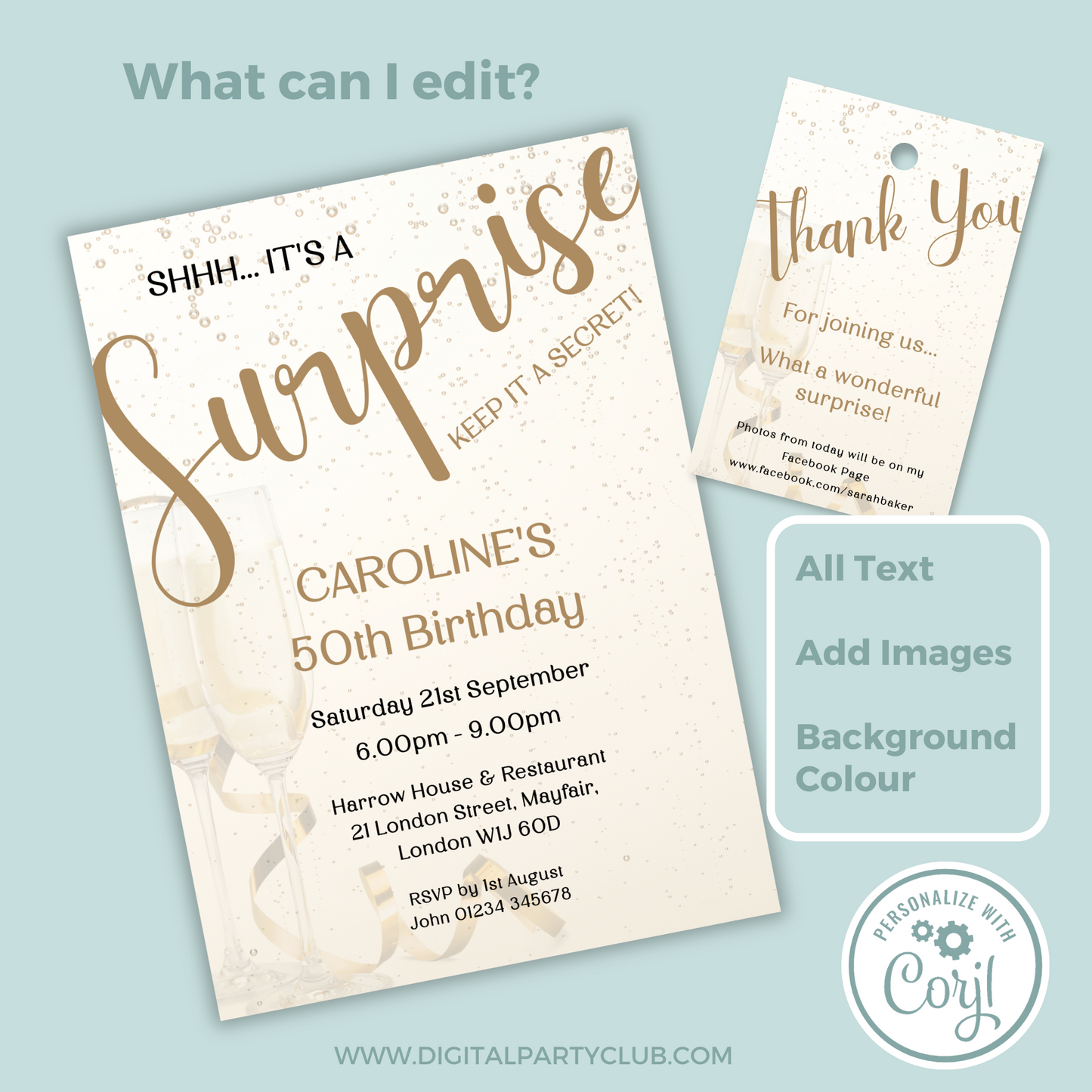 Editable Birthday Invitation and FREE Thank You Tag - Surprise Gold
