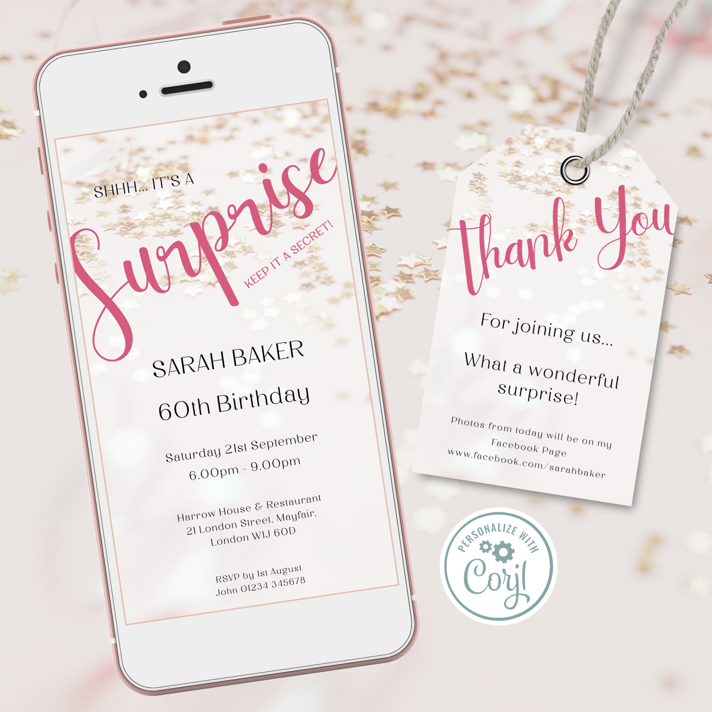 Editable Phone Birthday Invitation and FREE Thank You Tag - Surprise Pink