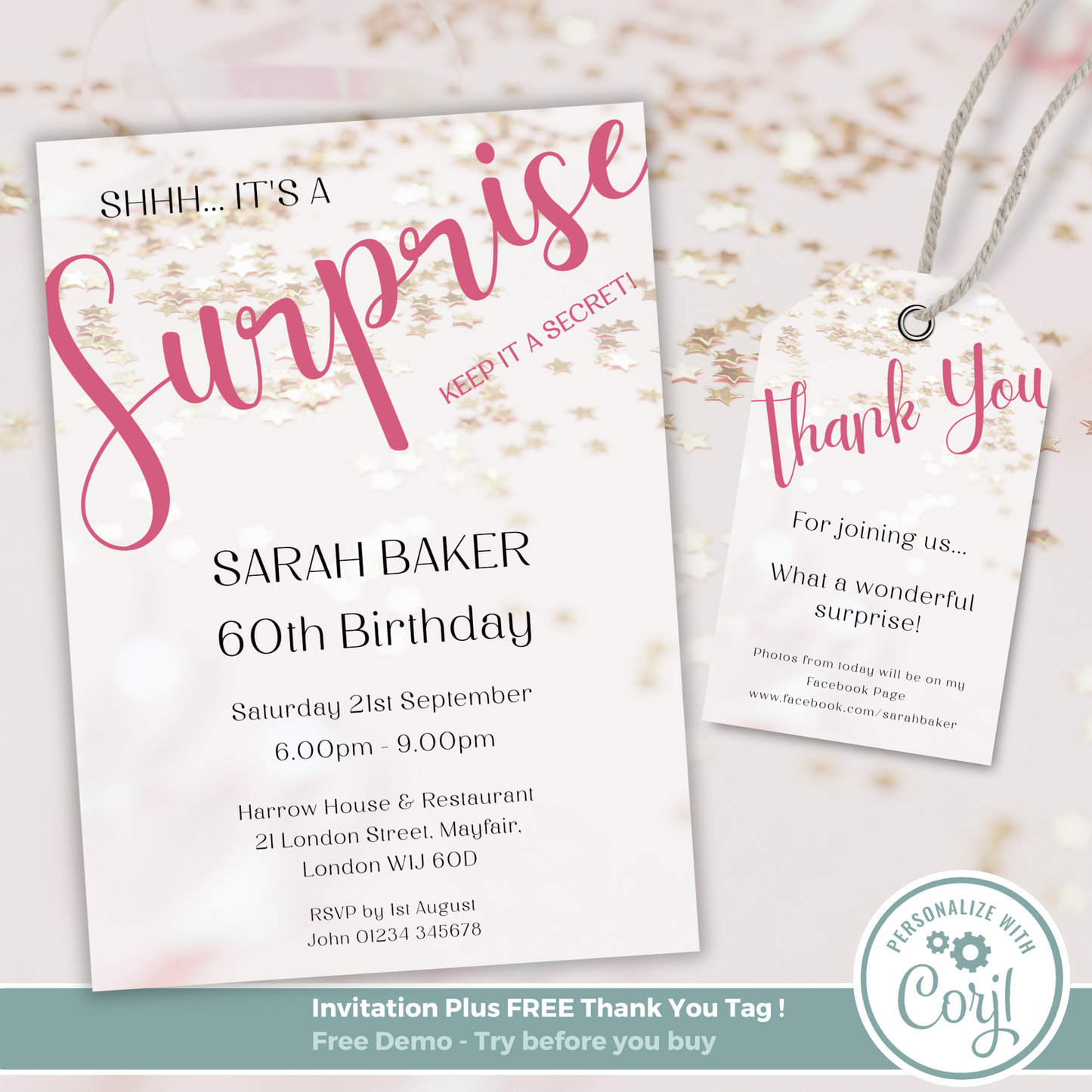 Editable Birthday Invitation and FREE Thank You Tag - Surprise Pink