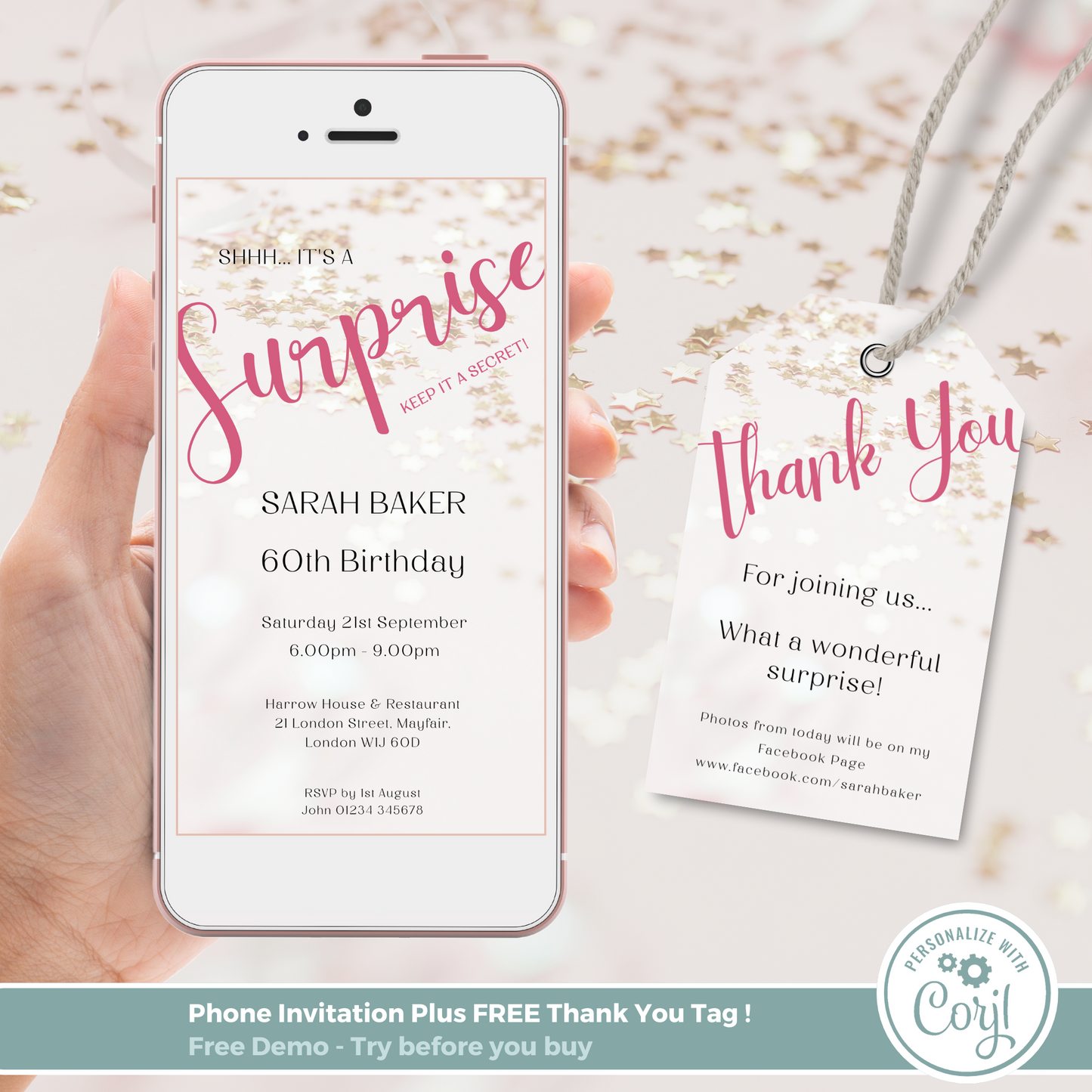 Editable Phone Birthday Invitation and FREE Thank You Tag - Surprise Pink