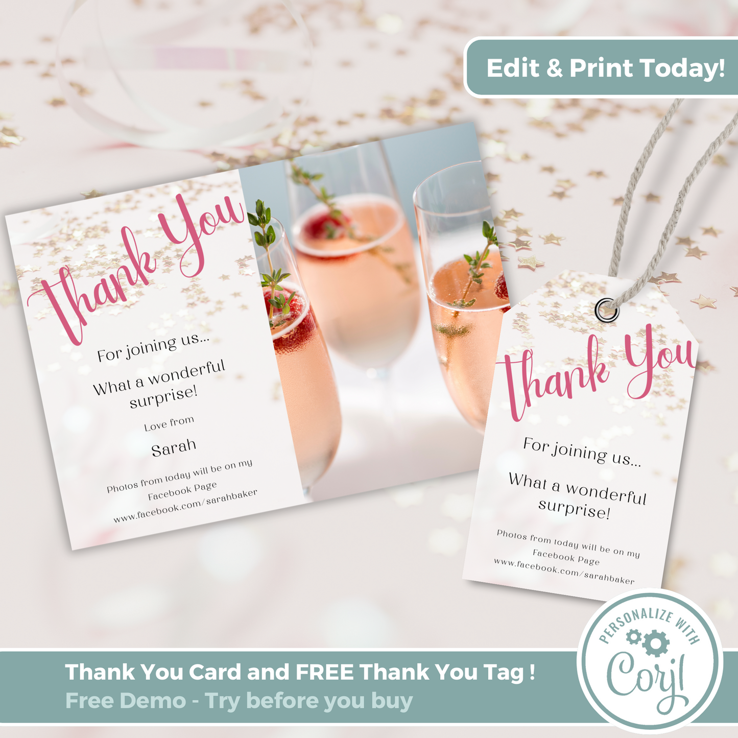 Editable Thank You Card - Surprise Pink