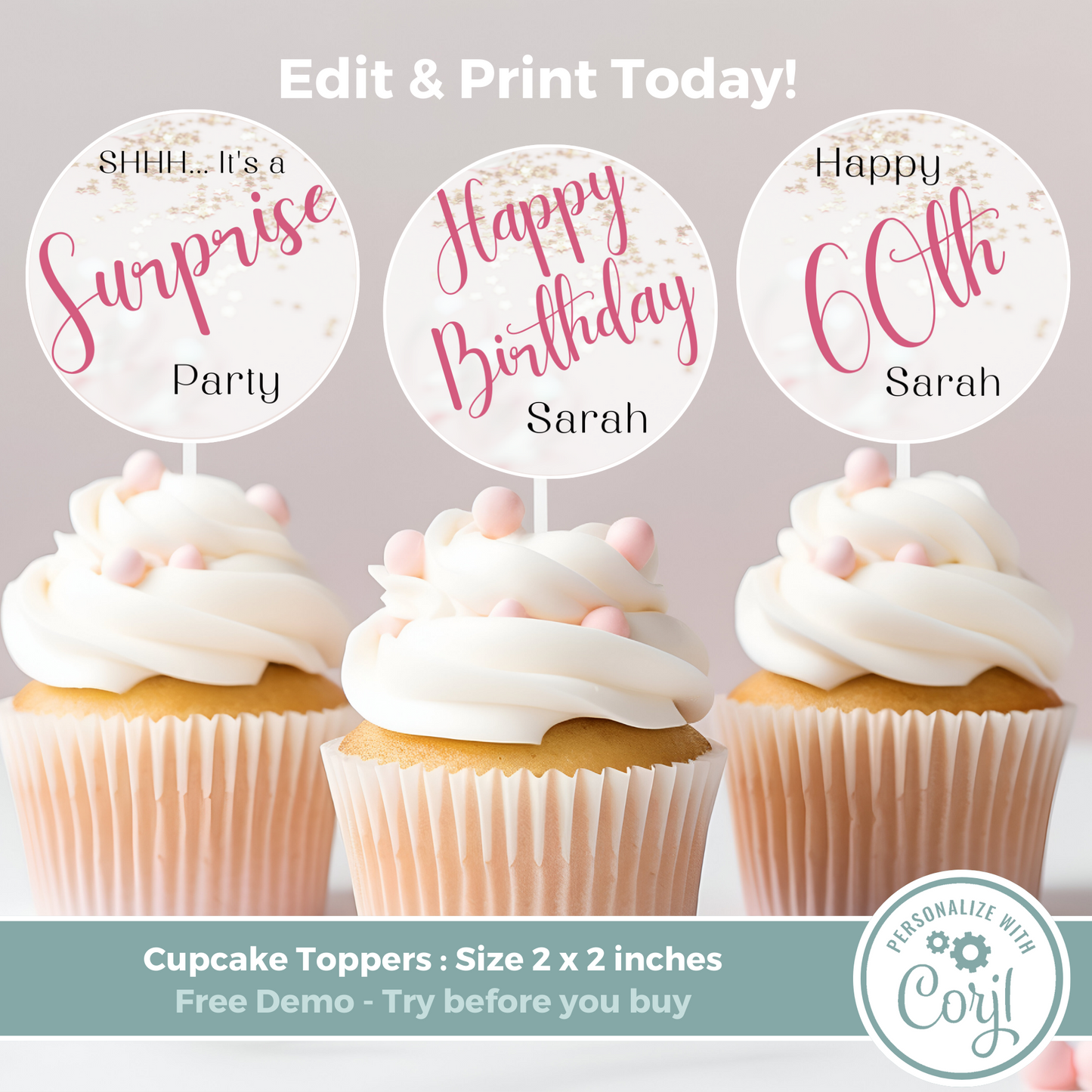 Editable Birthday Cupcake Toppers - Surprise Pink