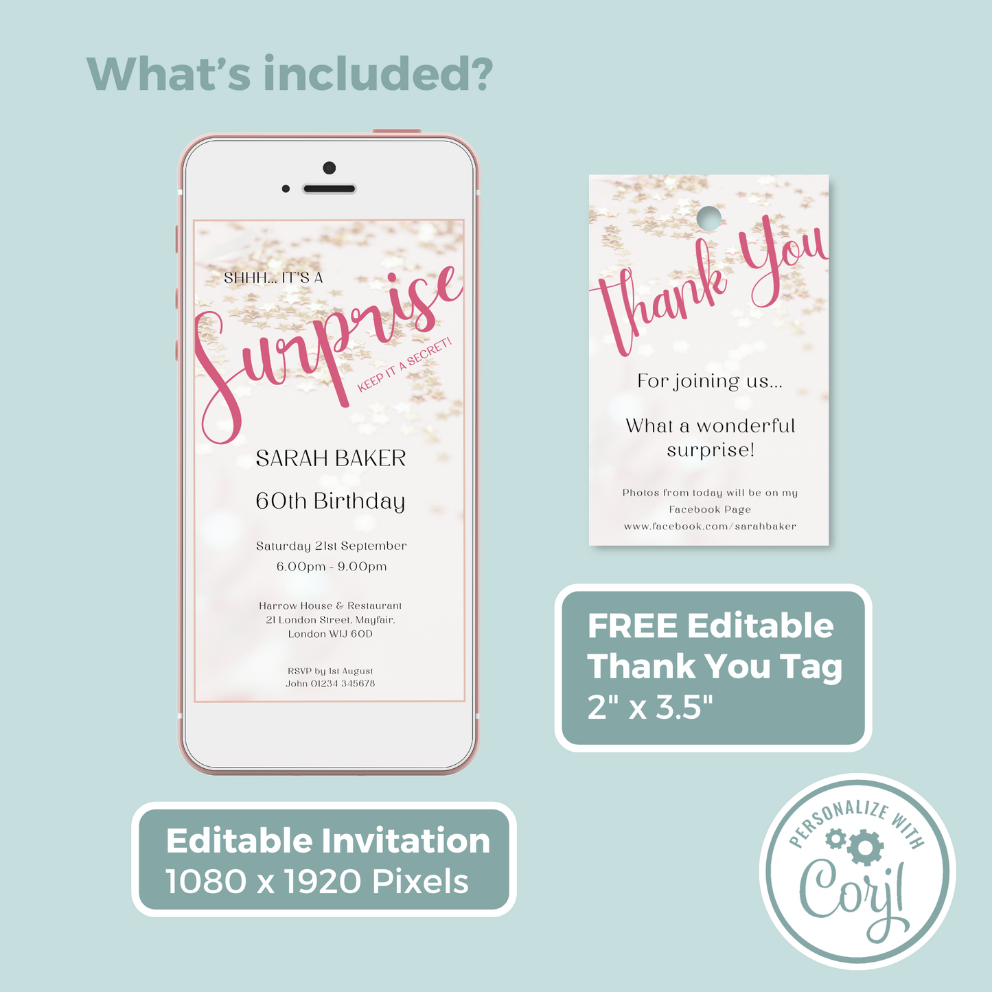 Editable Phone Birthday Invitation and FREE Thank You Tag - Surprise Pink