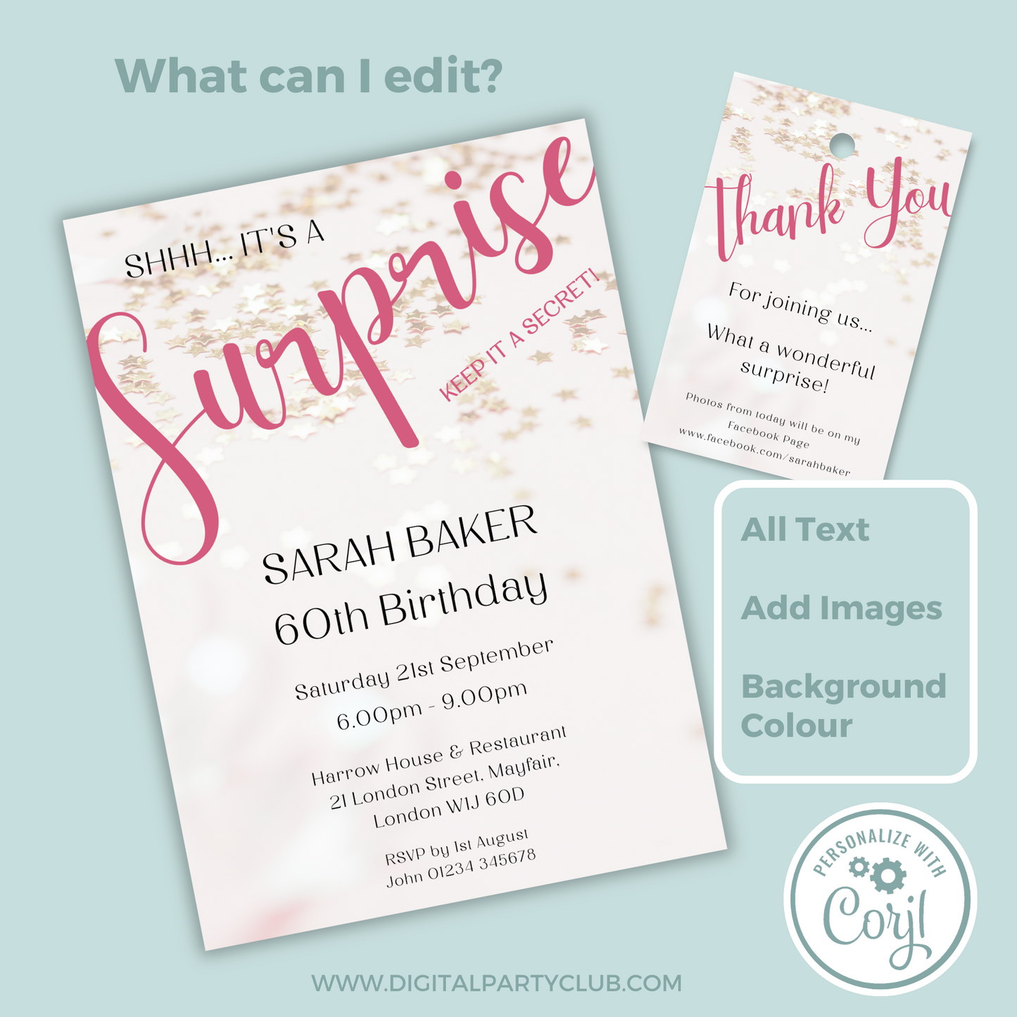 Editable Birthday Invitation and FREE Thank You Tag - Surprise Pink