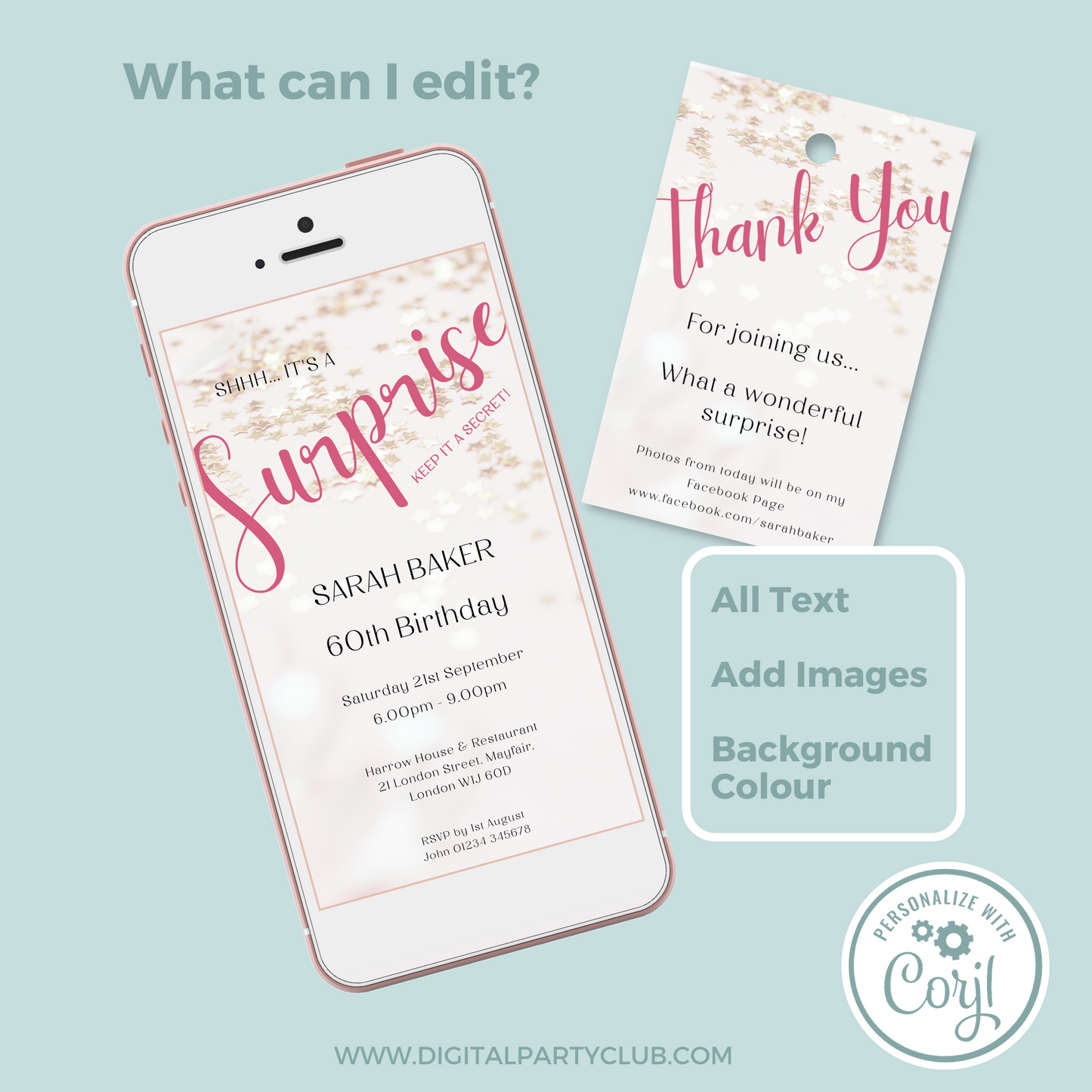 Editable Phone Birthday Invitation and FREE Thank You Tag - Surprise Pink