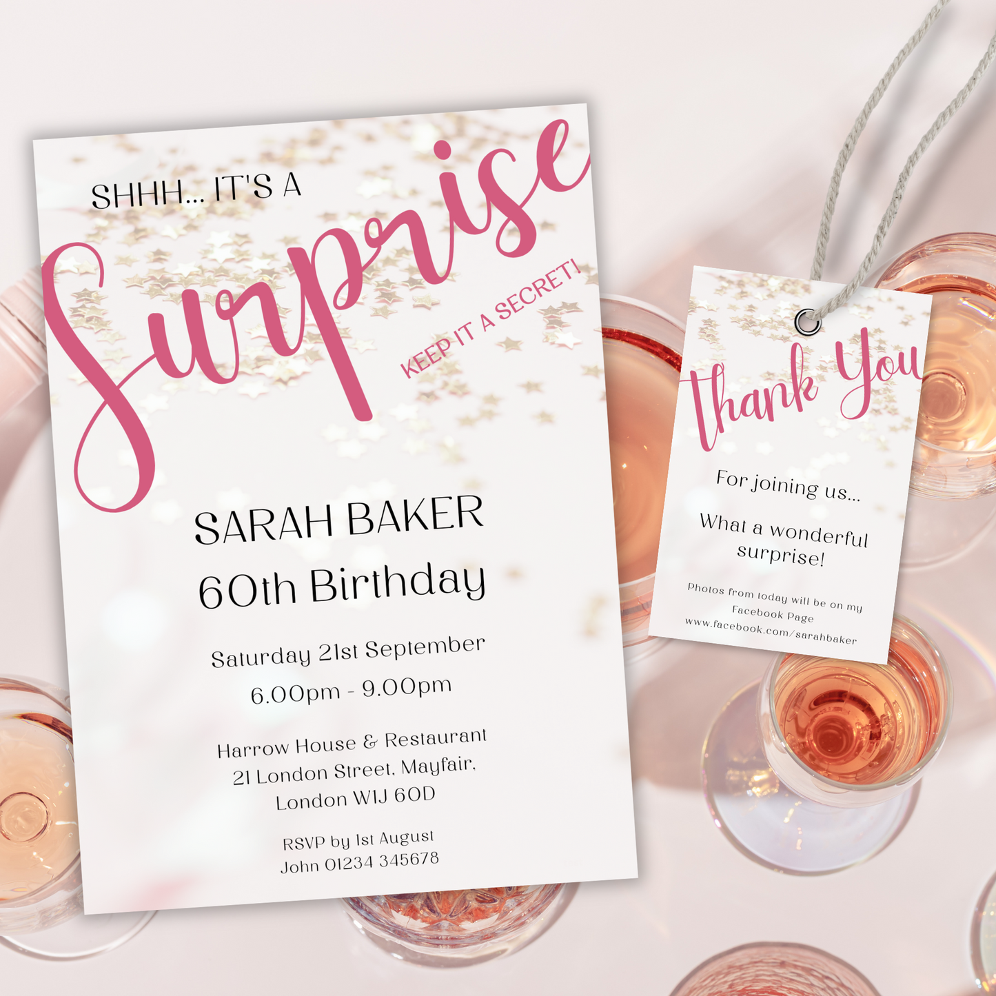 Editable Birthday Invitation and FREE Thank You Tag - Surprise Pink