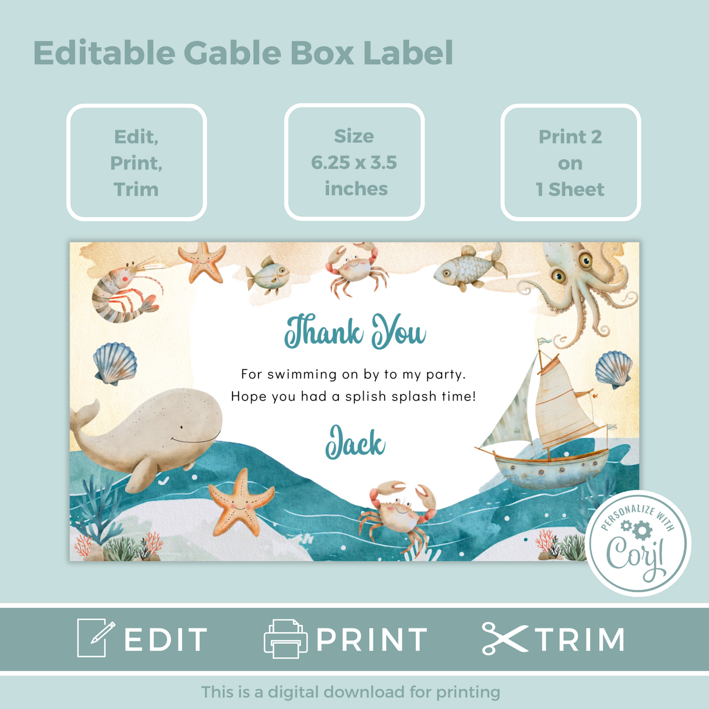Editable Birthday Gable Box Label - Under the Sea