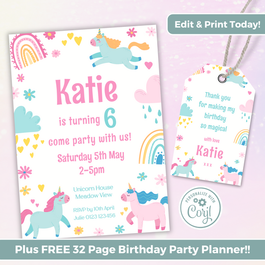 Editable Birthday Invitation and FREE Thank You Tag - Unicorn