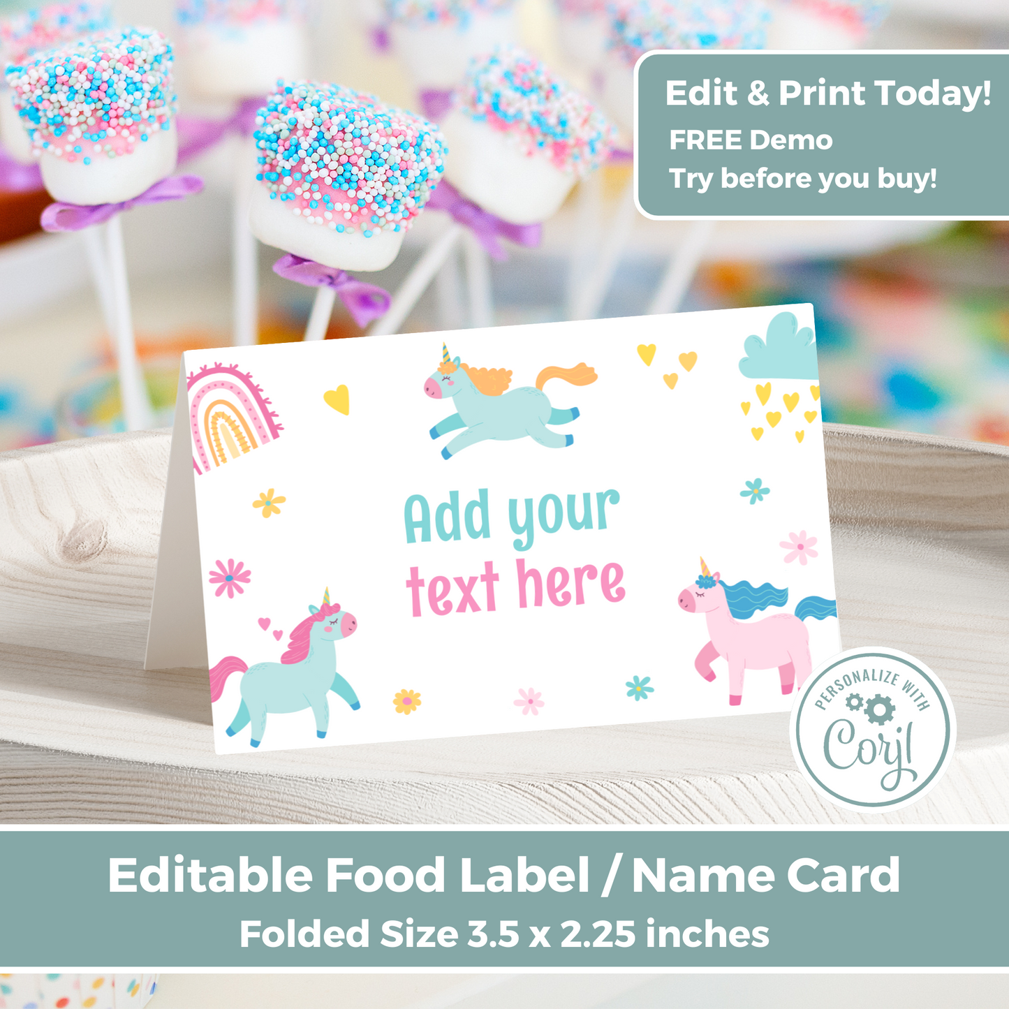 Editable Birthday Food Label / Name Card - Unicorn