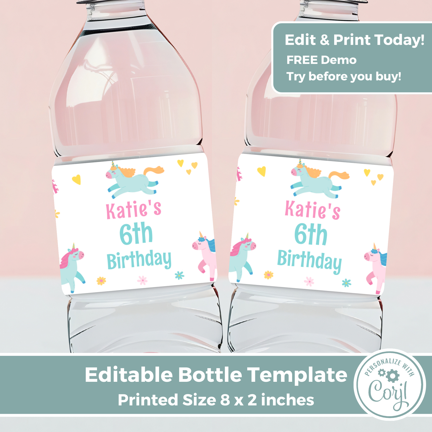 Editable Birthday Water Bottle Label - Unicorn