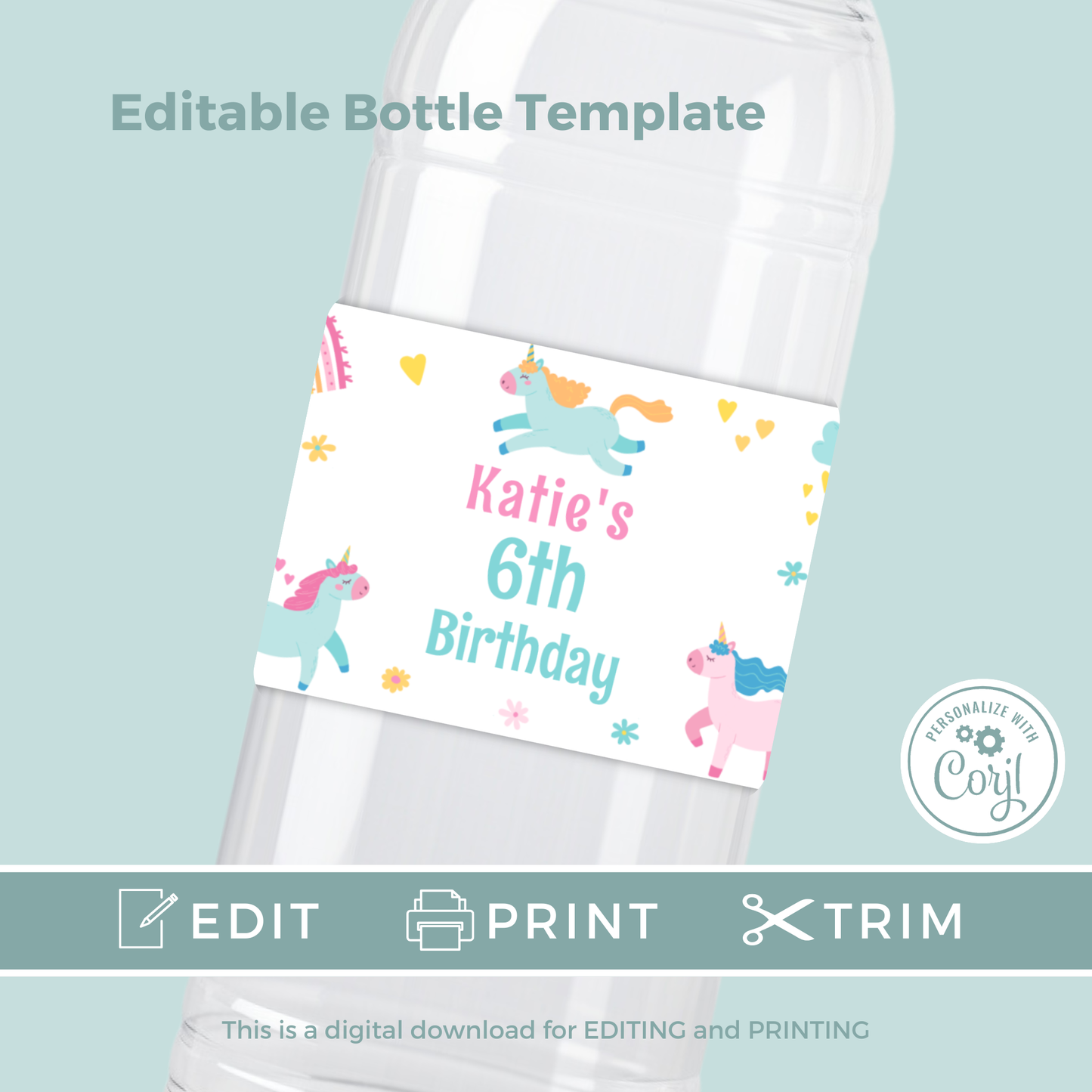 Editable Birthday Water Bottle Label - Unicorn