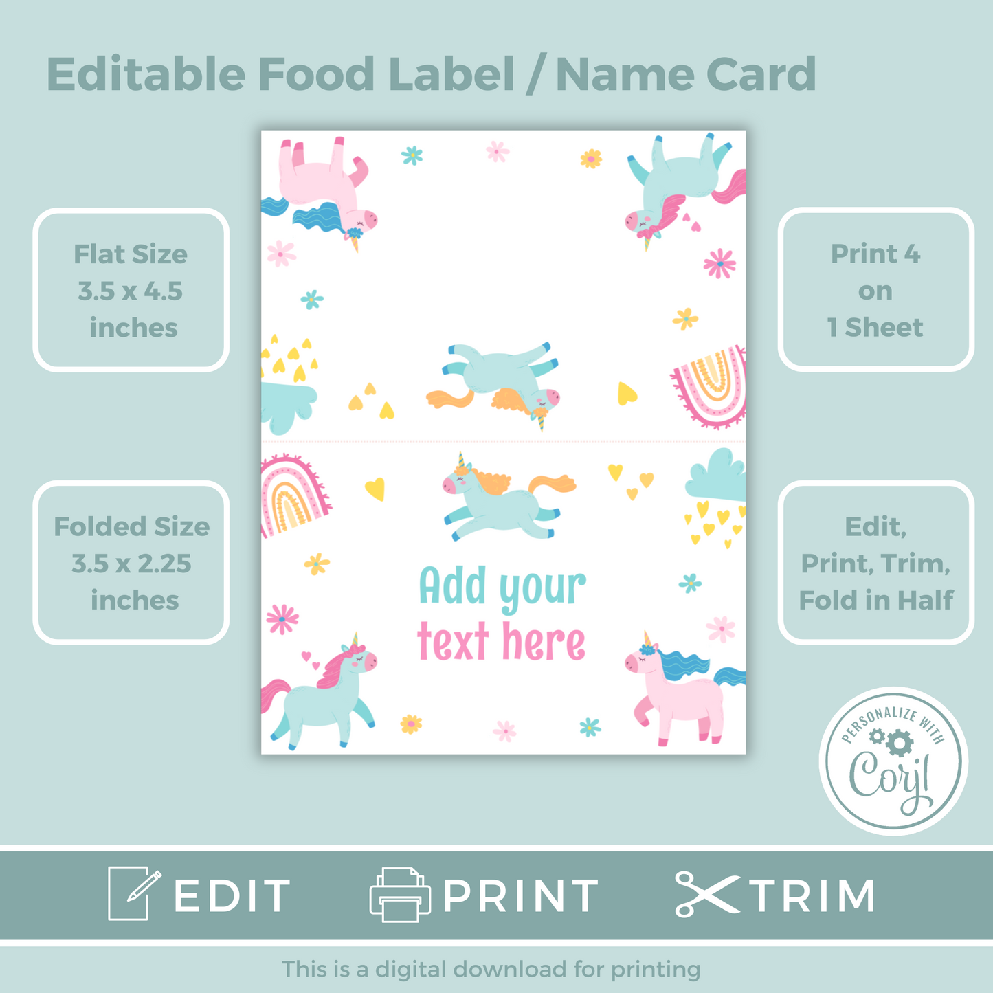 Editable Birthday Food Label / Name Card - Unicorn