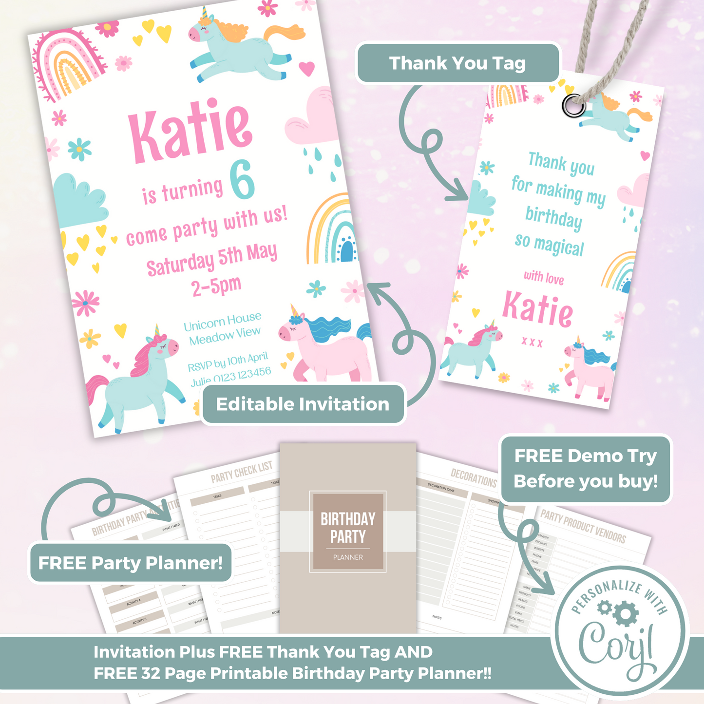 Editable Birthday Invitation and FREE Thank You Tag - Unicorn