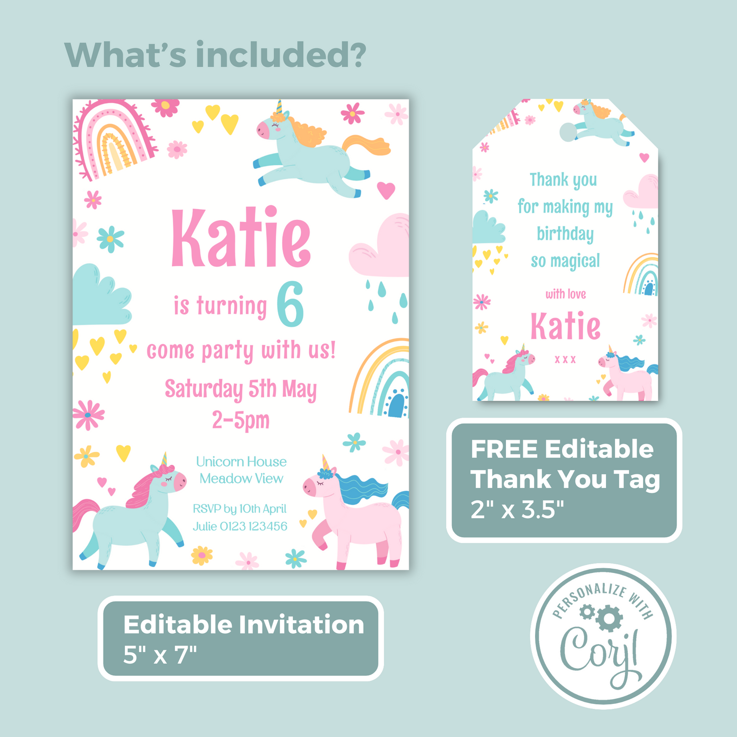 Editable Birthday Invitation and FREE Thank You Tag - Unicorn