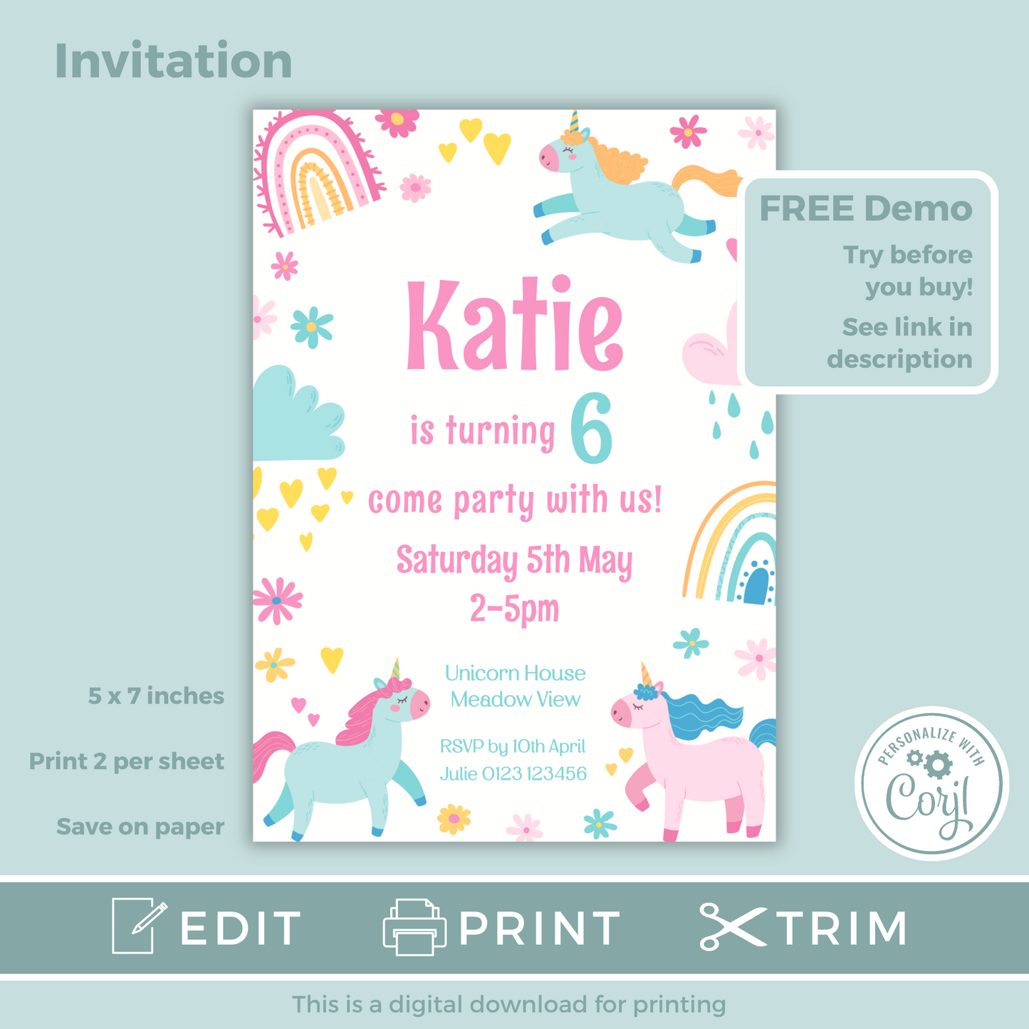 Editable Birthday Invitation and FREE Thank You Tag - Unicorn