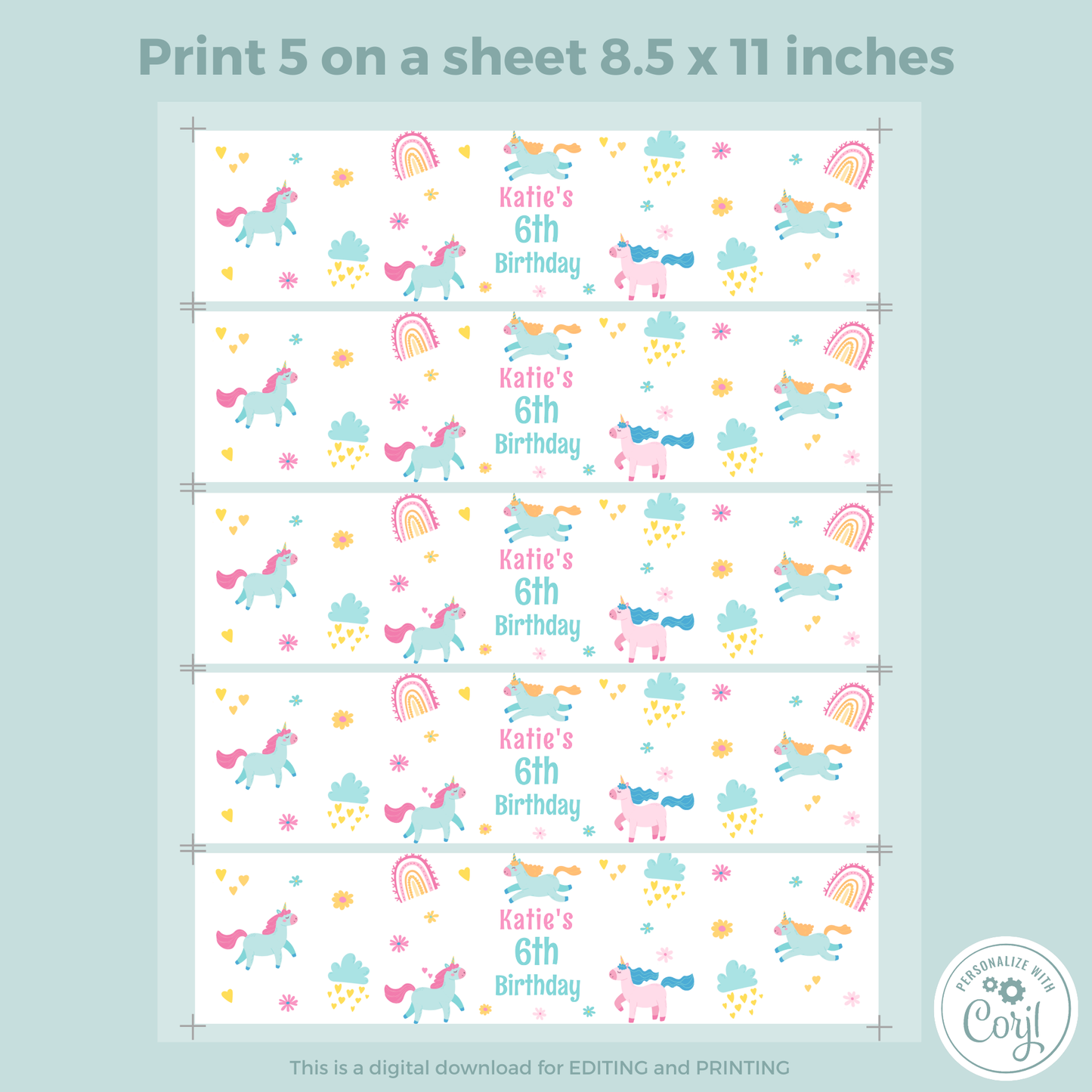 Editable Birthday Water Bottle Label - Unicorn