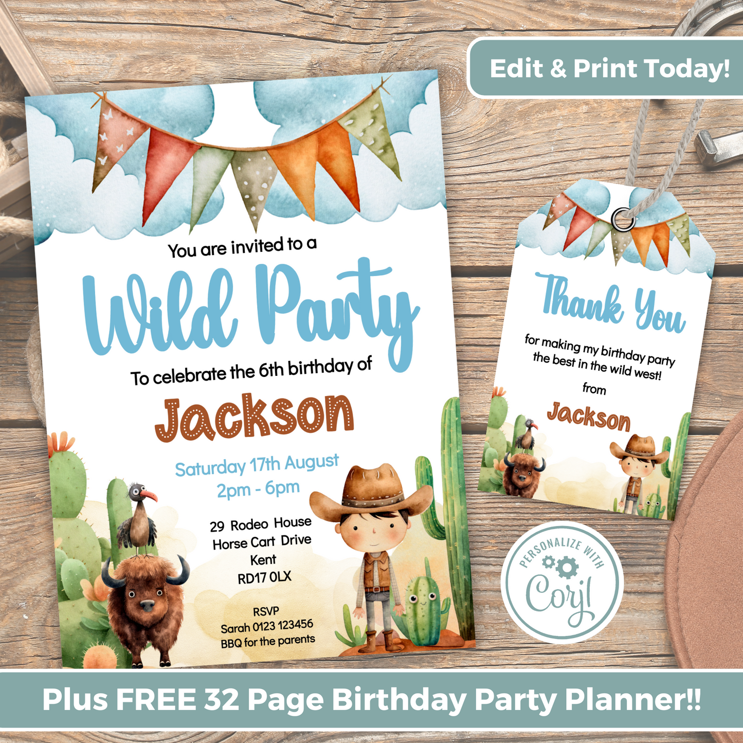 Editable Birthday Invitation and FREE Thank You Tag - Wild West