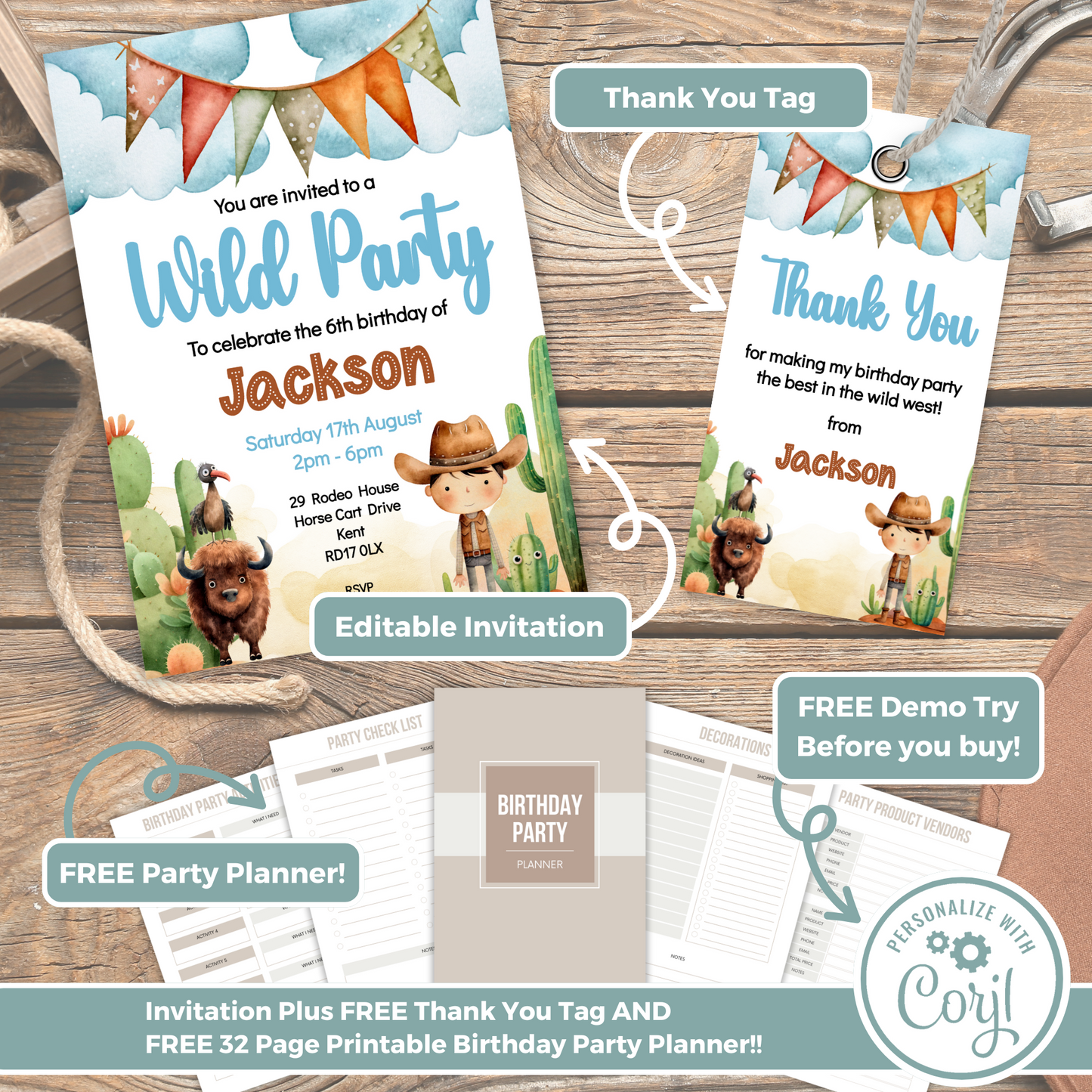 Editable Birthday Invitation and FREE Thank You Tag - Wild West