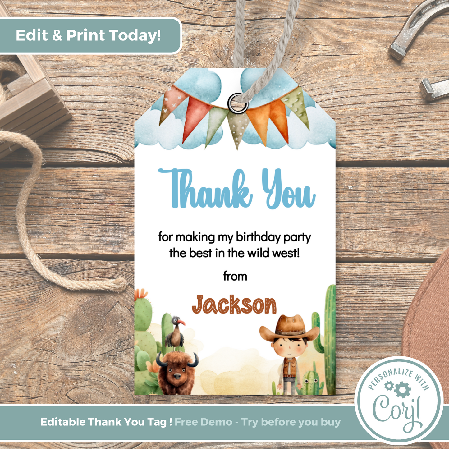 Editable Birthday Thank You Tag - Wild West