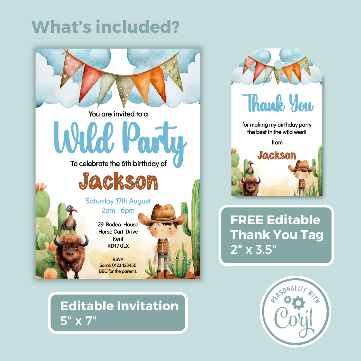 Editable Birthday Invitation and FREE Thank You Tag - Wild West