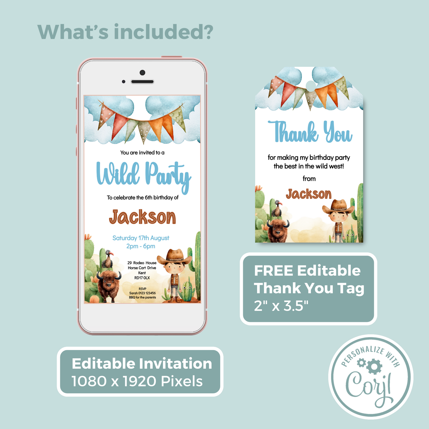 Editable Evite Birthday Invitation and FREE Thank You Tag - Wild West