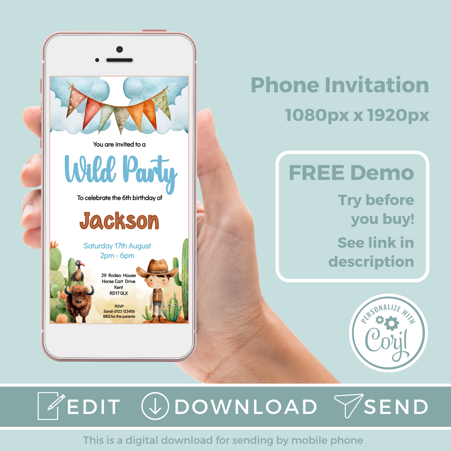 Editable Evite Birthday Invitation and FREE Thank You Tag - Wild West