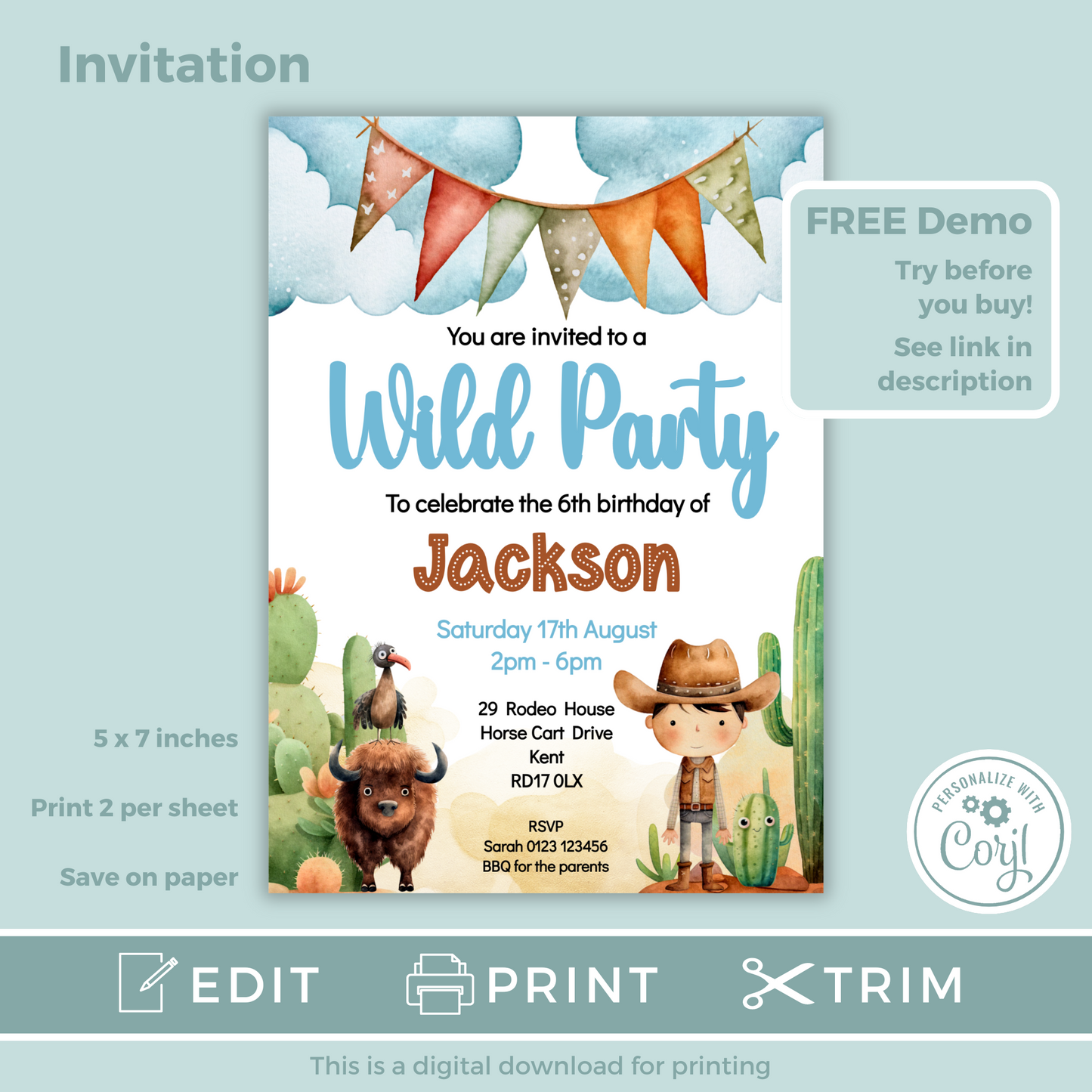 Editable Birthday Invitation and FREE Thank You Tag - Wild West