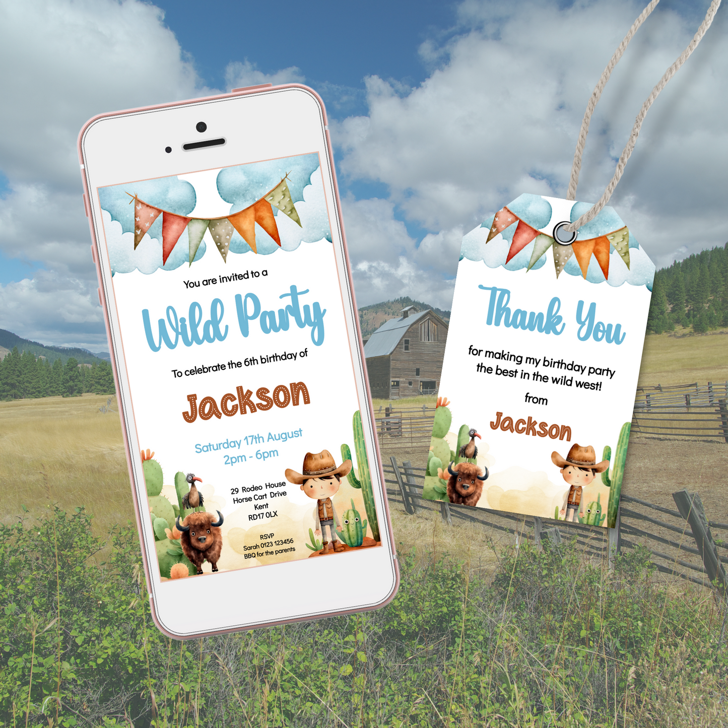 Editable Evite Birthday Invitation and FREE Thank You Tag - Wild West