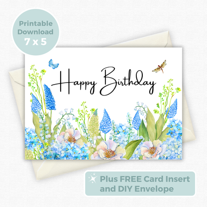 Printable Birthday Card - Pretty Blue Flowers