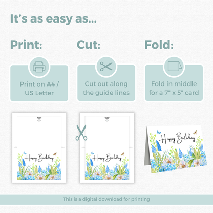 Printable Birthday Card - Pretty Blue Flowers