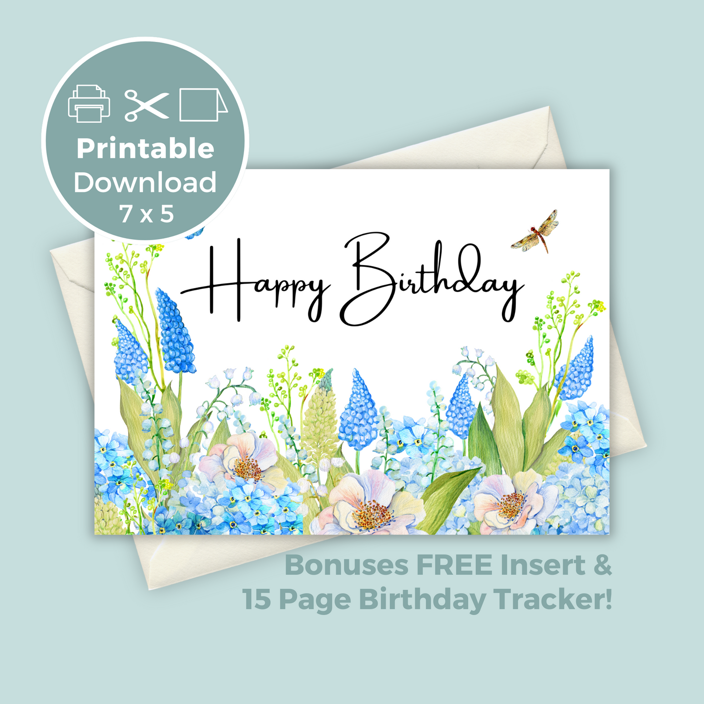 Printable Birthday Card - Pretty Blue Flowers