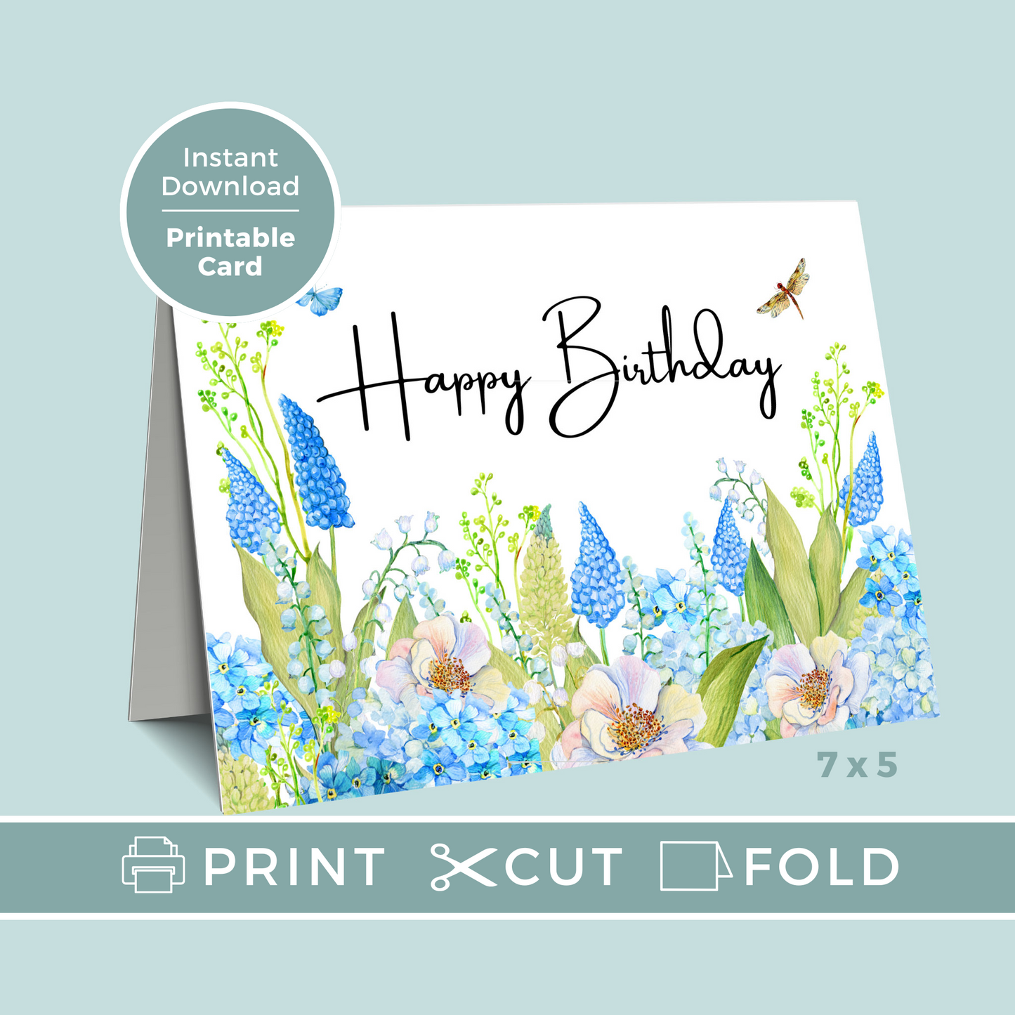 Printable Birthday Card - Pretty Blue Flowers