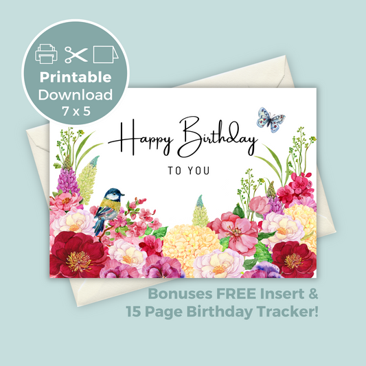 Printable Birthday Card - Red Pink Flowers